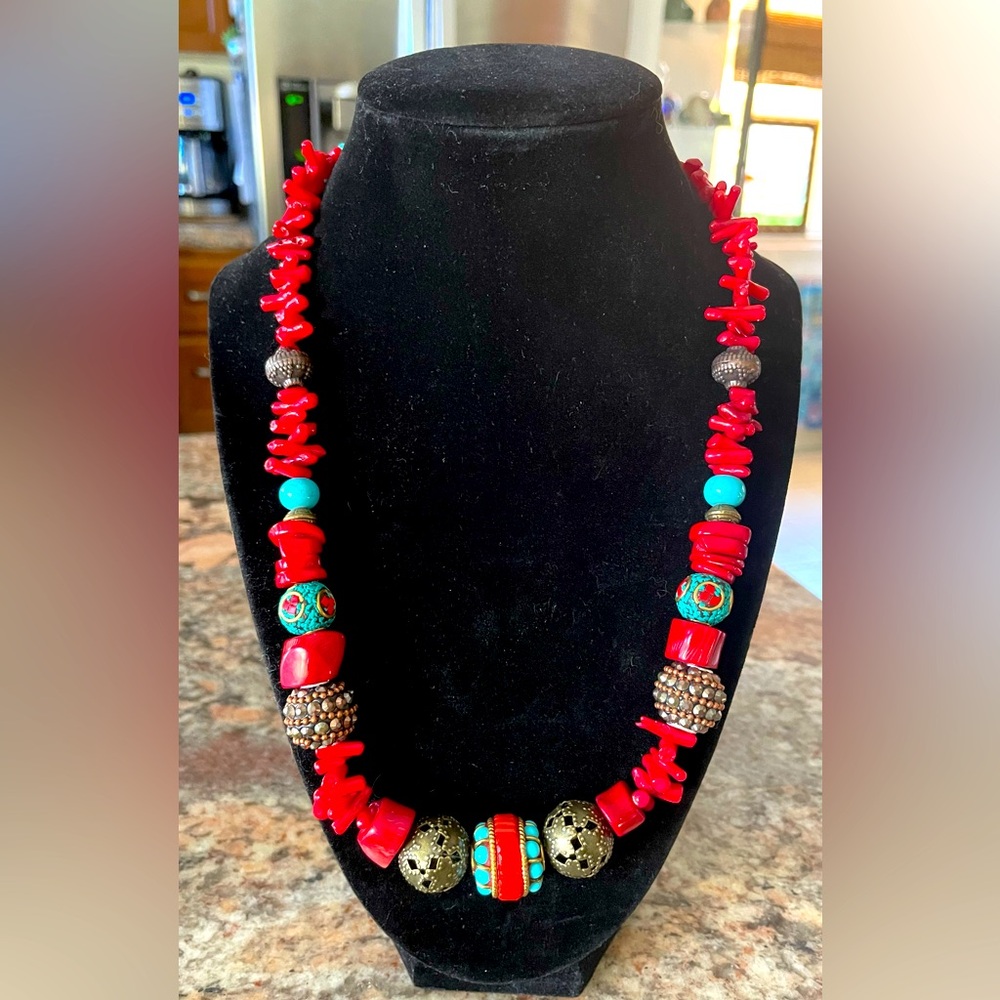 Vintage Artisan Tibetan-Style Turquoise & Coral Tribal Necklace